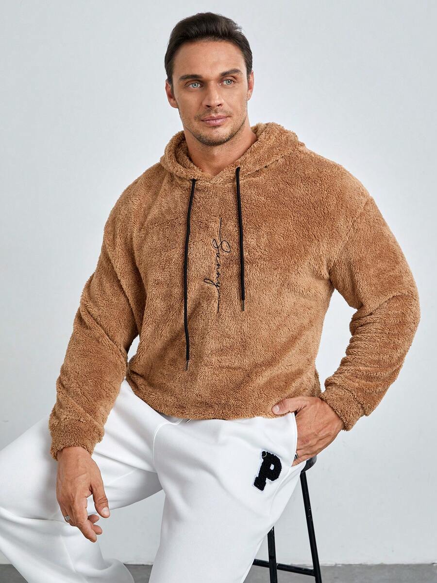 GENTILAND Nam Plus Thêu Chữ Dây rút Flannel Hoodie - màu nâu - Xem 1