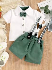 Baby Boy Bow Front Shirt & Suspender Shorts