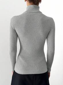 EURMUSE Women's Solid Color High Neck Raglan Sleeve Casual Fitted Ribbed Knit Sweater - Grey - View 2