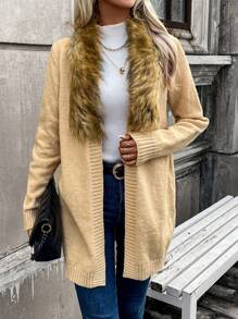 SHEIN LUNE 毛绒装饰休闲设计开衫 - 卡其色 - 查看 3
