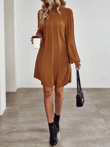 SHEIN Privé Turtleneck Raglan Sleeve Sweater Dress Without Belt - Rust Brown - View 5