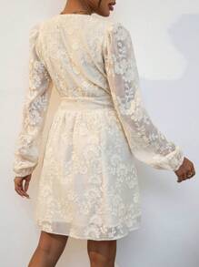 Aveloria Jacquard V Neck Puff Sleeve Dress - Apricot - View 2