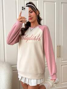 SHEIN EZwear Thêu Chữ Khối màu Tay Raglan Áo nỉ - Nhiều màu - Xem 3