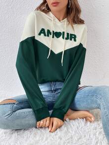 SHEIN Frenchy 字母圖案撞色落肩袖抽繩連帽衫 - 彩色 - 查看 4