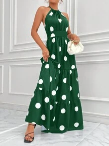 SHEIN Privé 波點圖案荷葉邊繞頸露背荷葉邊洋裝 - 墨綠色 - 查看 4