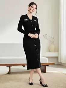 Modelyn Ladies' Sweater Dress With Single-breasted Belt - Black - View 4