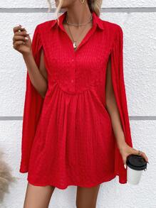 SHEIN VCAY Cloak Sleeve Button Front Shirt Dress - Red - View 1