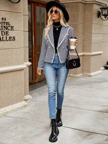 SHEIN Frenchy Houndstooth Print Lapel Neck Blazer - Black and White - View 3