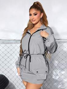 SHEIN SXY 拉鏈開襟抽繩短夾克&半身裙 - 灰色 - 查看 4