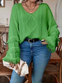 Calvaya Plus Fringe Trim Drop Shoulder Cable Knit Sweater - Olive Green - View 1