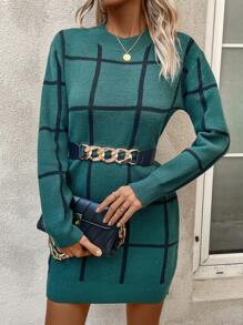 SHEIN Frenchy Plaid Pattern Sweater Dress Without Belt - Dark Green - View 5