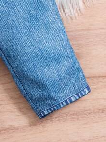 SHEIN Baby Girl Sunflower & Slogan Graphic Sweatshirt & Denim Effect Pants - Black - View 5