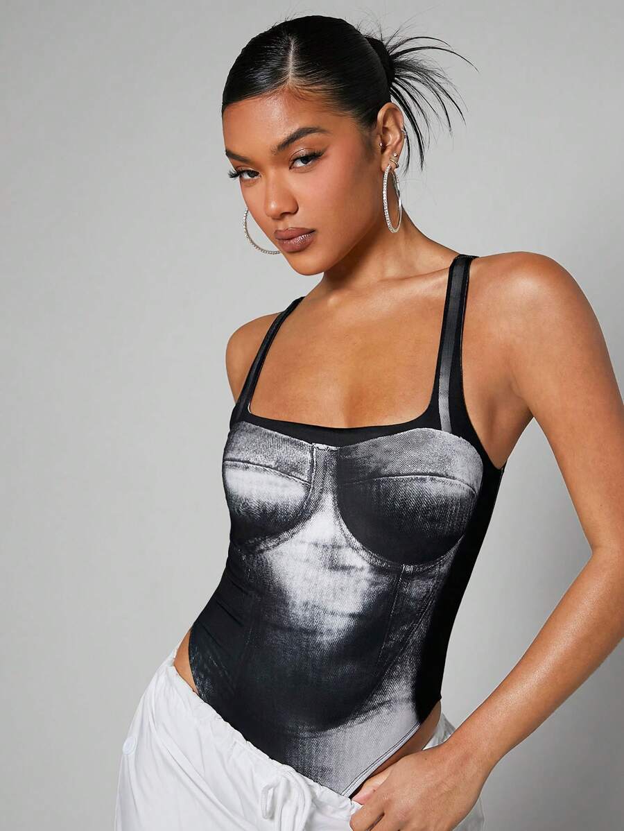 SHEIN BAE Graphic Print Bodysuit - Black and White - View 1