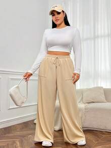 SHEIN EZwear 大碼腰部抽繩闊腿褲 - 杏色 - 查看 5