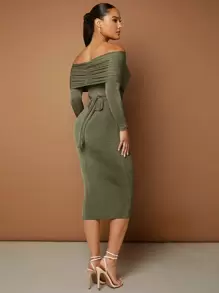 SHEIN BAE 一字肩褶邊緊身洋裝 - 軍綠色 - 查看 2