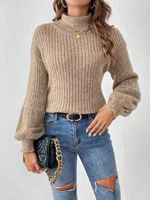 SHEIN Frenchy Áo cao cổ Tay áo lồng đèn Áo len - Màu Khaki - Xem 6