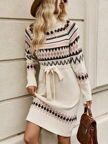 SHEIN Frenchy Geo Pattern Turtleneck Raglan Sleeve Belted Sweater Dress - Multicolor - View 5