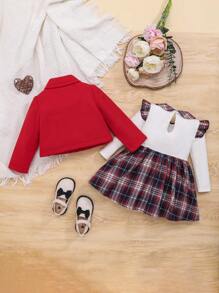SHEIN Baby Girl Plaid Print Dress & Jacket - Red - View 2