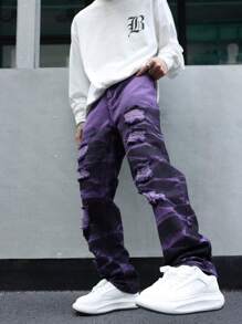 Manfinity Loose Fit Men's Ripped And Frayed Straight Leg Jeans - Purple - View 8