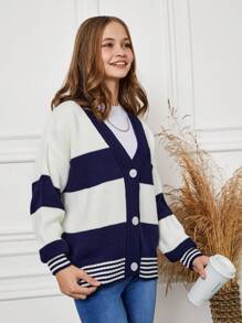 SHEIN Cottnline كارديجان مخطط بألوان متباينة للفتيات المراهقات - ازرق وابيض - مشاهدة 4
