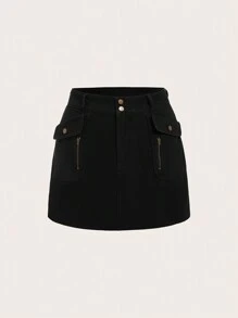 SHEIN ICON Hơn Túi có nắp Váy Denim - màu đen - Xem 1