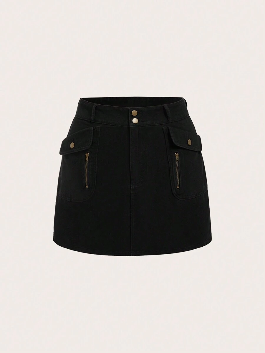 SHEIN ICON Hơn Túi có nắp Váy Denim - màu đen - Xem 1