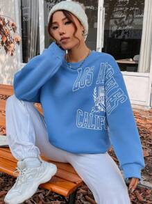 SHEIN Unity 字母图案落肩套头卫衣，秋季卫衣 - 藍色 - 查看 3