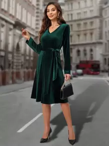 EMERY ROSE Chất rắn Thắt lưng Nhung Đầm - màu xanh lá - Xem 5