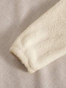 SHEIN EZwear Thêu Chữ Một nửa khóa kéo Thả vai Teddy Áo nỉ - Màu be - Xem 4