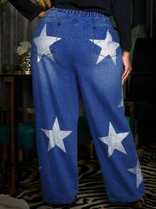 SHEIN CURVE+ Plus Star Print Wide Leg Jeans - Dark Wash - View 2
