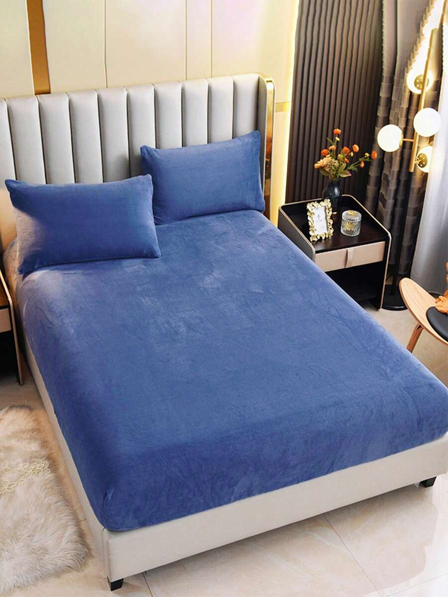 素色床笠套裝，無填充物，1入組床笠和2入組枕套，臥室極簡主義布藝床單套裝，四季皆宜 - 藍色 - 查看 1