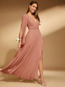 SHEIN Belle Plunging Neck Split Thigh Bridesmaid Dress Elegant Long Sleeve Dress - Dusty Pink - View 6