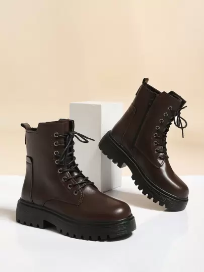 Women's Autumn/Winter New Maillard Brown Boots, Thick Heel, Round Toe, Lace-Up, Motorcycle Boots, Versatile & Fashionable British Style Combat Ankle Boots