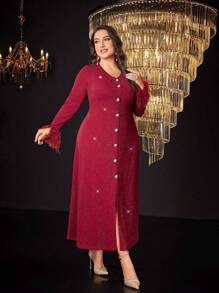 Modelyn Plus Fuzzy Cuff Button Front Dress