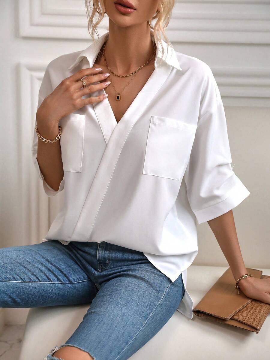 SHEIN Essnce Solid Pocket Patched Drop Shoulder Shirt - White - View 1