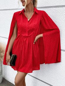 SHEIN VCAY Cloak Sleeve Button Front Shirt Dress - Red - View 3