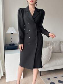 DAZY Cổ áo Đôi ngực Chi tiết về Flap Ống tay áo Đầm - màu đen - Xem 4