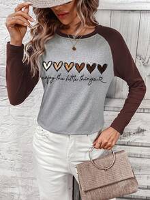 SHEIN EZwear Đồ họa trái tim & khẩu hiệu Tay Raglan Áo thun - màu nâu - Xem 5