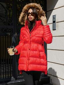 EURMUSE Women's Long Sleeve Zipper Front Pocket Fur Collar Casual Hooded Winter Jacket - Red - View 3