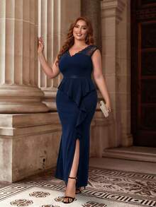 CurvySweet Trang phục phù dâu cho phụ nữ Plus Tương phản ren Dây kéo Tách cao màu trơn - Màu xanh hải quân - Xem 4