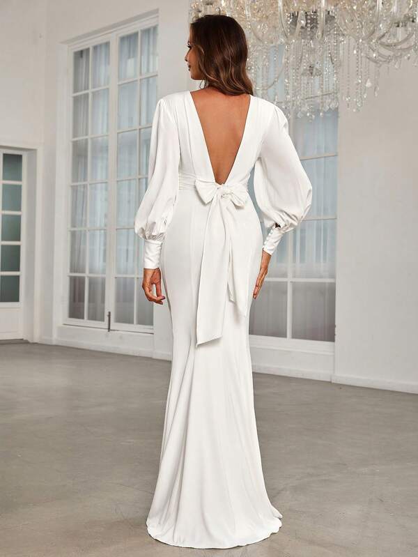 SHEIN Belle Bow Backless Lantern Sleeve Mermaid Hem Wedding Dress