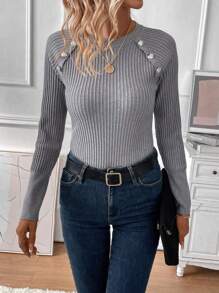 SHEIN Clasi Chi tiết Nút Tay Raglan Áo len - Xám - Xem 5