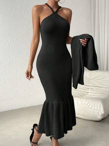 SHEIN Privé Halter Neck Mermaid Hem Sweater Dress & Drop Shoulder Cardigan - Black - View 6