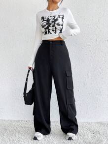 SHEIN EZwear Đồ họa Hình Áo thun & Túi nắp bên cạnh Quần Cargo - màu đen - Xem 1