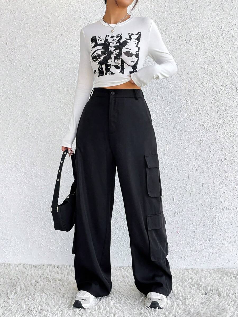 SHEIN EZwear Đồ họa Hình Áo thun & Túi nắp bên cạnh Quần Cargo - màu đen - Xem 1