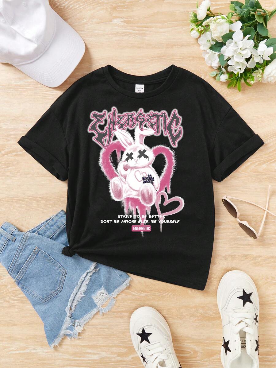 青少女休閒卡通短袖t恤,適合夏季穿著 - 黑色 - 查看 1