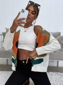 SHEIN Essnce 花卉图案落肩开衫 - 卡其色 - 查看 1