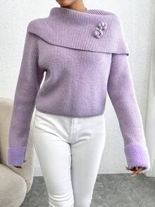 SHEIN Privé Jersey aplique doblado cuello de manga raglán - Morado - Ver 3