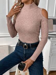 SHEIN Clasi Cold Shoulder Pearls Beaded Ribbed Knit Sweater - Dusty Pink - View 3