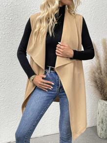 Chiquease Waterfall Collar Belted Vest Coat - Khaki - View 3